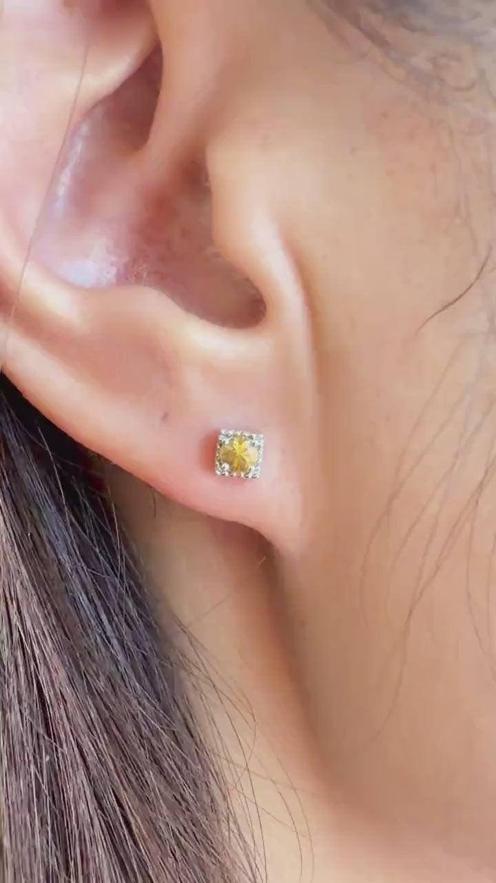 18K Solid Gold Yellow Sapphire Stud Earrings | Genuine Sapphire Earrings | September Birthstone | 4mm Square Studs | Fine Jewelry Gift