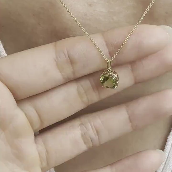 14K Solid Gold Peridot Necklace | Natural Peridot Pendant | Cushion Cut August Birthstone Necklace