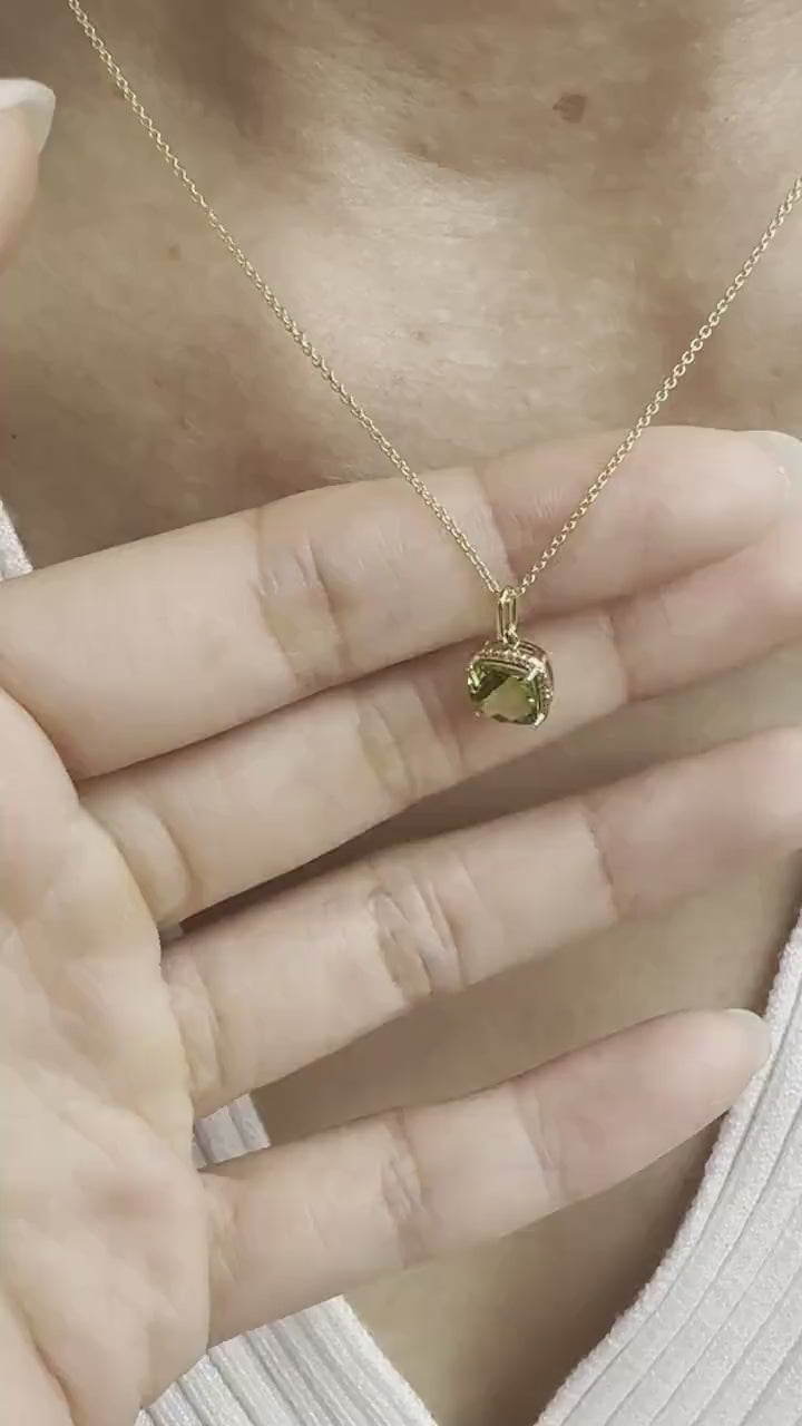 14K Solid Gold Peridot Necklace | Natural Peridot Pendant | Cushion Cut August Birthstone Necklace