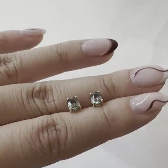 14K Solid White or Yellow Gold Genuine Green Sapphire Oval Studs/Pair