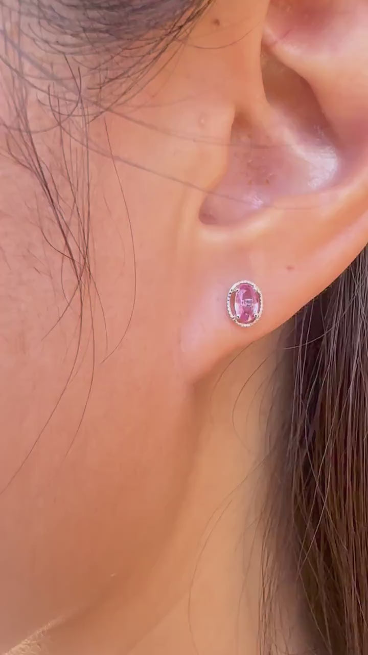 18K Solid Gold Genuine Oval Pink Sapphire Fancy Studs/Pair