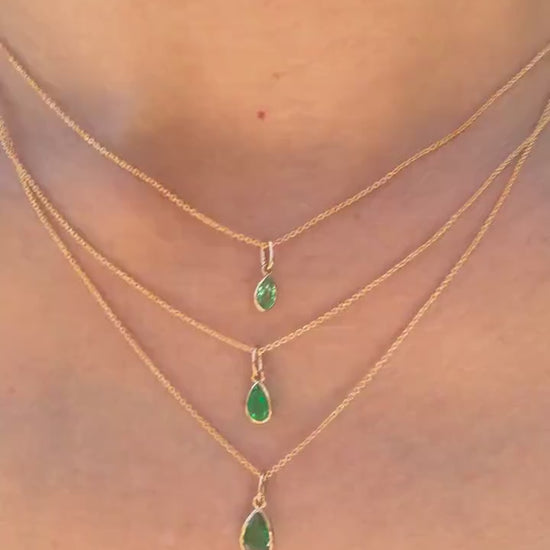 Natural Emerald Teardrop Necklace, 14K Gold Bezel Pendant, Genuine Pear Cut Emerald, May Birthstone Gift