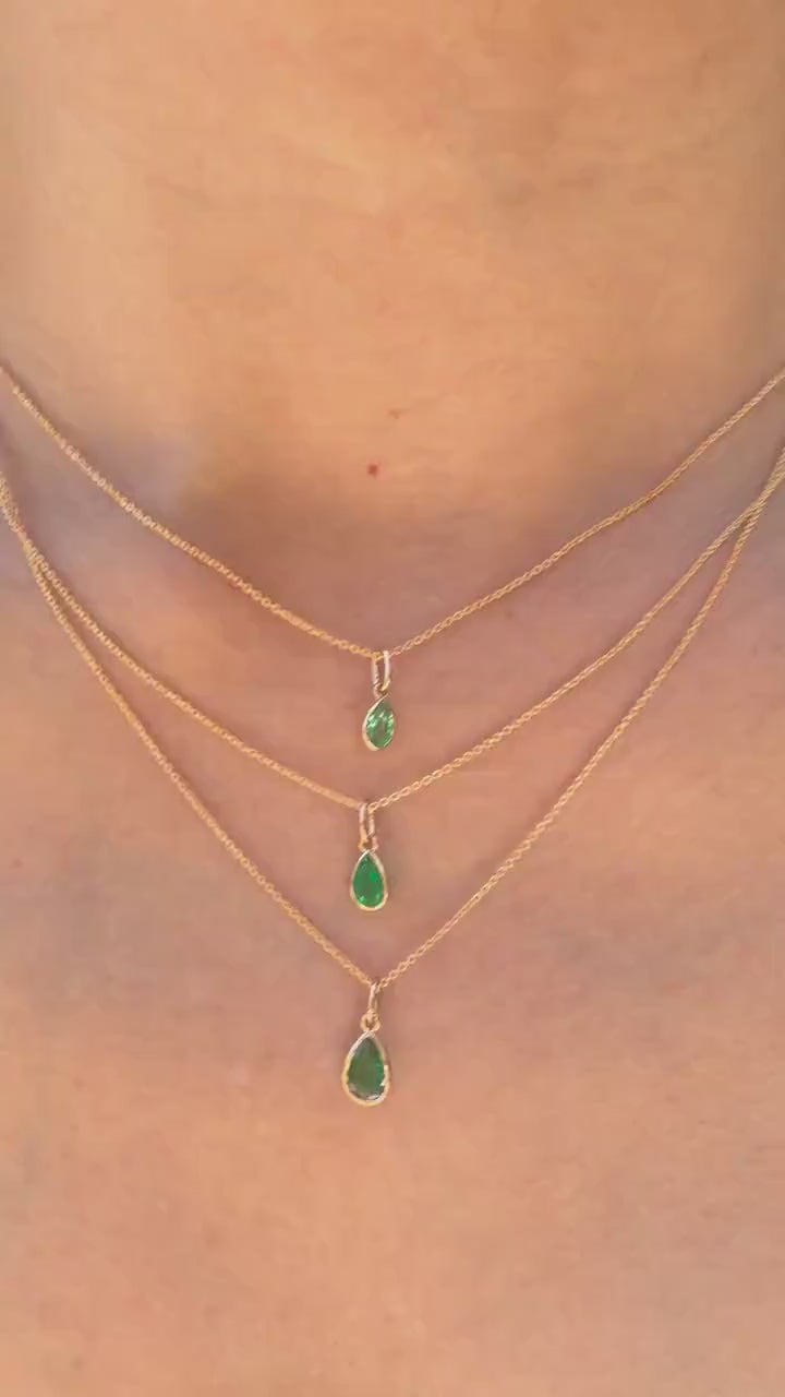 Natural Emerald Teardrop Necklace, 14K Gold Bezel Pendant, Genuine Pear Cut Emerald, May Birthstone Gift