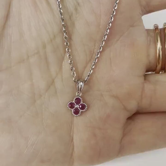 Ruby Clover Necklace, 14K Solid Gold Genuine Ruby Pendant, Dainty Necklace, July Birthstone Gift for Her