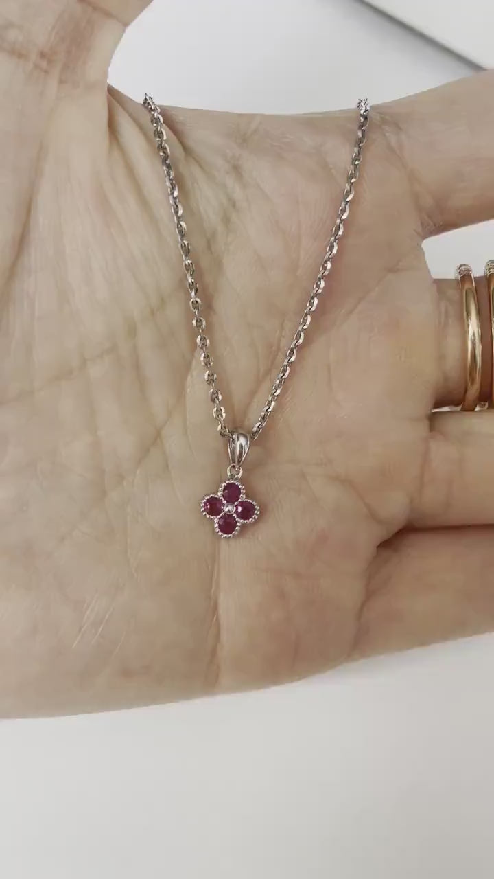 Ruby Clover Necklace, 14K Solid Gold Genuine Ruby Pendant, Dainty Necklace, July Birthstone Gift for Her