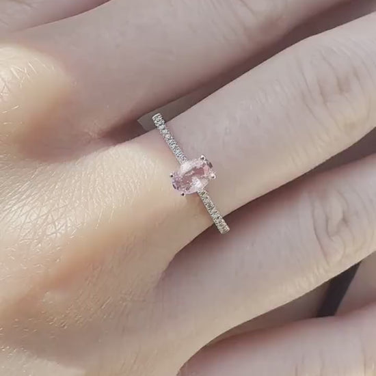 14K Solid White Gold Genuine Oval Pink Sapphire and Diamond Ring