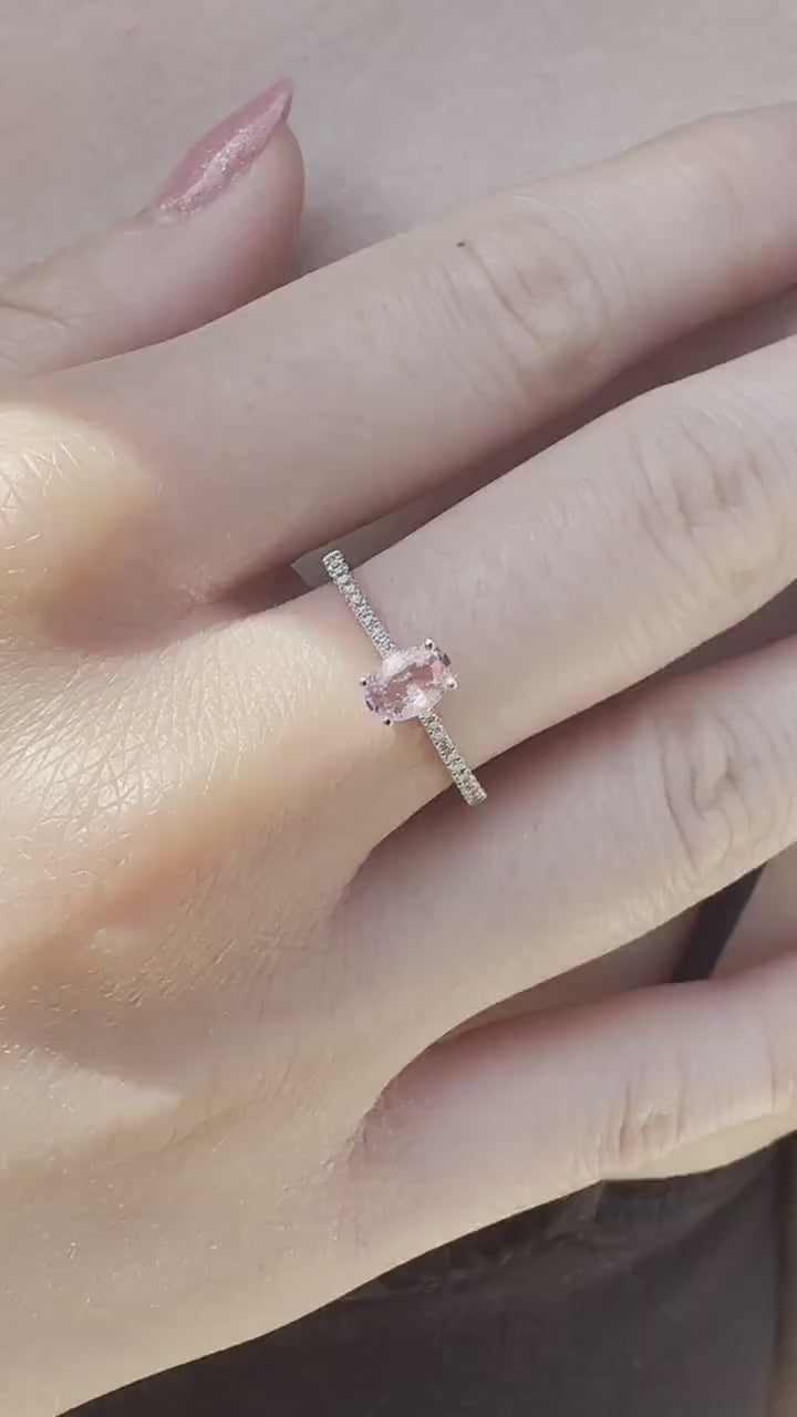 14K Solid White Gold Genuine Oval Pink Sapphire and Diamond Ring