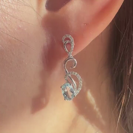 14K Solid White Gold Genuine Diamond and Aquamarine Dangle Earrings/Pair