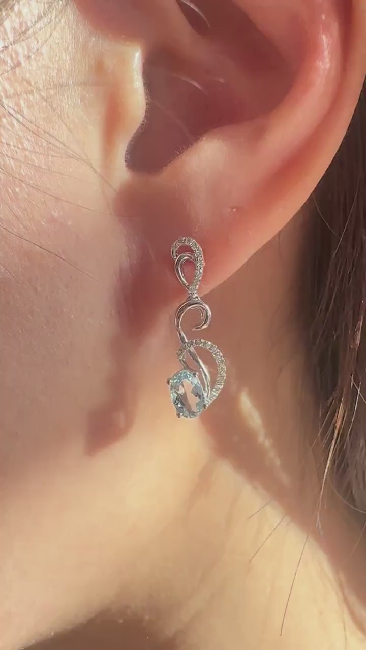 14K Solid White Gold Genuine Diamond and Aquamarine Dangle Earrings/Pair