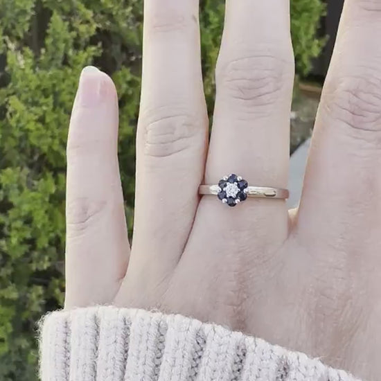 Natural Sapphire Diamond Flower Ring, 14K Gold Cluster Halo, Genuine Blue Sapphire, September Birthstone Gift