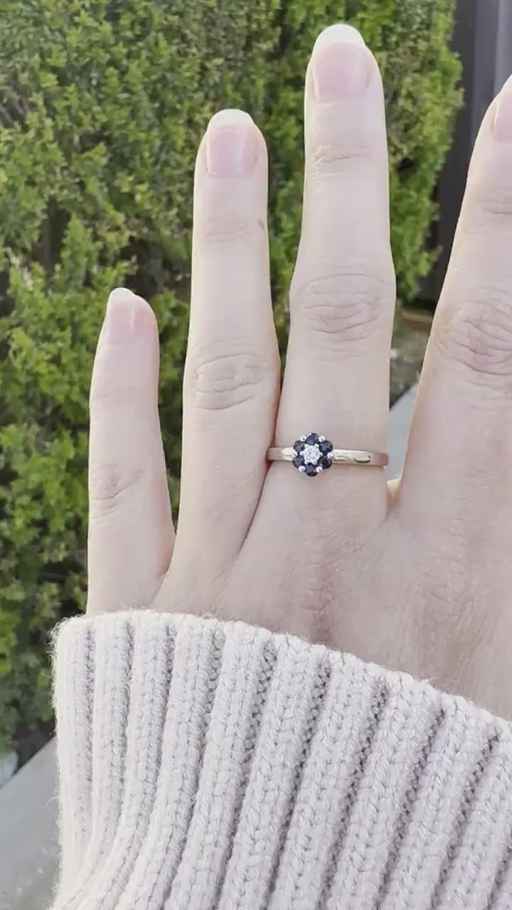 Natural Sapphire Diamond Flower Ring, 14K Gold Cluster Halo, Genuine Blue Sapphire, September Birthstone Gift
