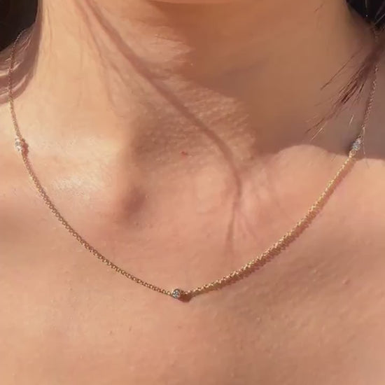 14K Solid Gold Genuine Bezel Diamond Strand Necklace