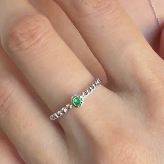 Emerald Ring, 18K Solid White Gold Beaded Twist Band, Genuine Natural Emerald Ring, May Birthstone Gift for Her