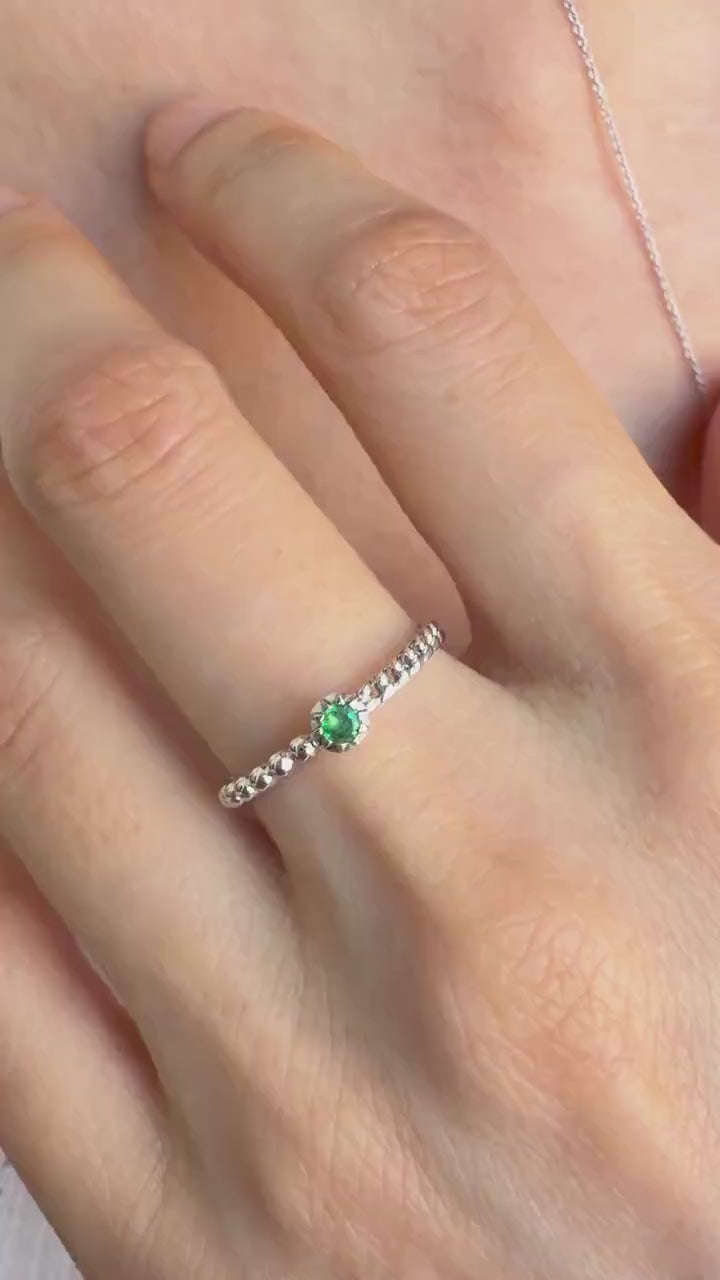 Emerald Ring, 18K Solid White Gold Beaded Twist Band, Genuine Natural Emerald Ring, May Birthstone Gift for Her