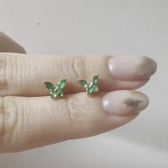 14K Solid Gold Genuine Emerald Butterfly Studs/Pair