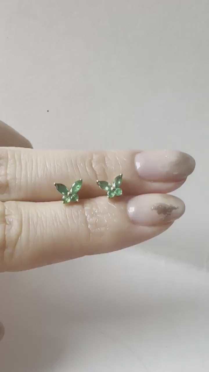 14K Solid Gold Genuine Emerald Butterfly Studs/Pair