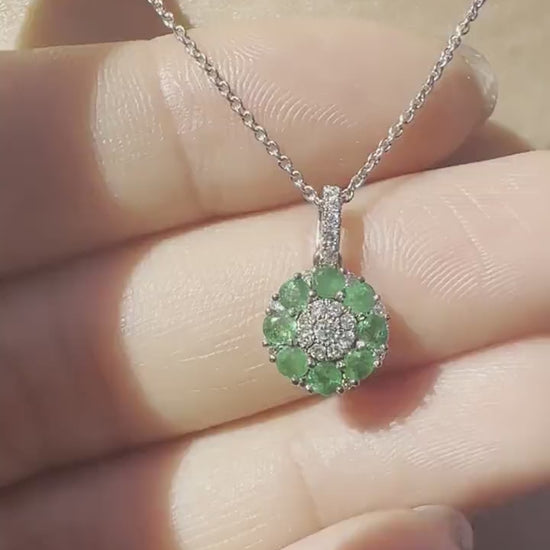 18K Solid White Gold Genuine Emerald and Diamond Flower Pendant