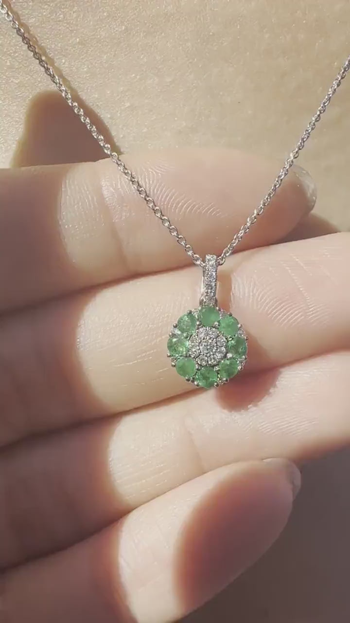18K Solid White Gold Genuine Emerald and Diamond Flower Pendant