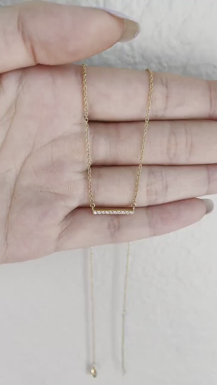 18K Solid Gold Diamond Bar Necklace
