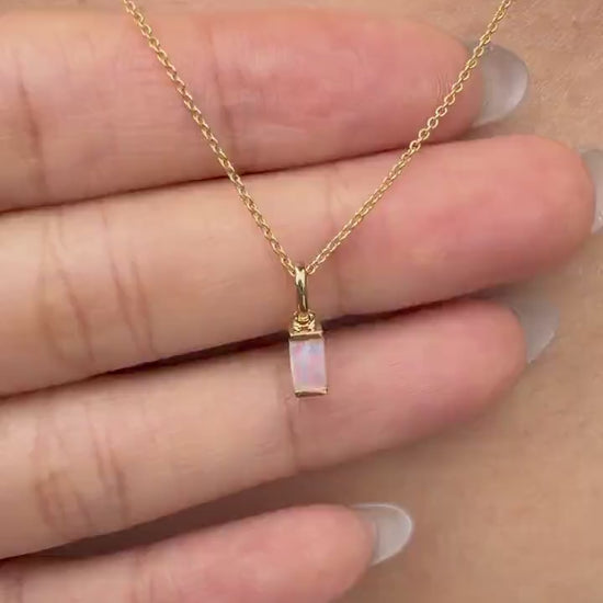 14K Solid Gold Natural Australian Opal Necklace | Genuine Opal Pendant | Opal Baguette Pendant | October Birthstone Gift