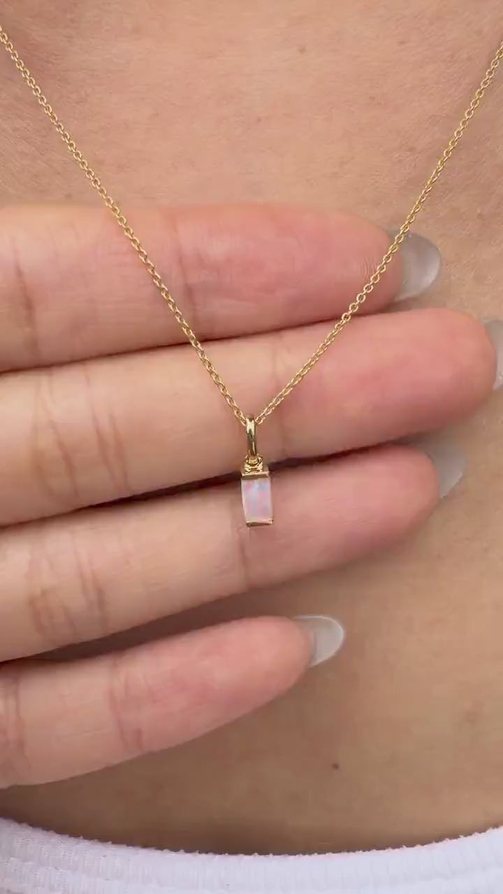 14K Solid Gold Natural Australian Opal Necklace | Genuine Opal Pendant | Opal Baguette Pendant | October Birthstone Gift