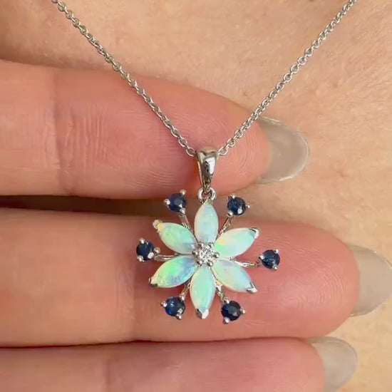 Opal Sapphire Snowflake Necklace, 18K White Gold Genuine Australian Opal Pendant, October Birthstone Gift for Her