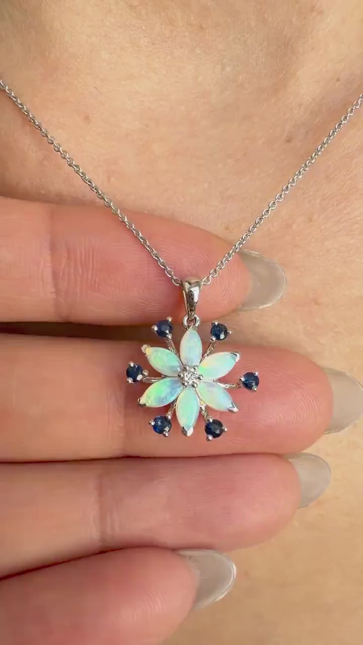 Opal Sapphire Snowflake Necklace, 18K White Gold Genuine Australian Opal Pendant, October Birthstone Gift for Her