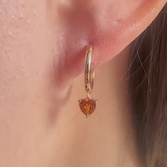 14K Solid Gold Genuine Orange Sapphire Heart Huggies/Hoops/Pair