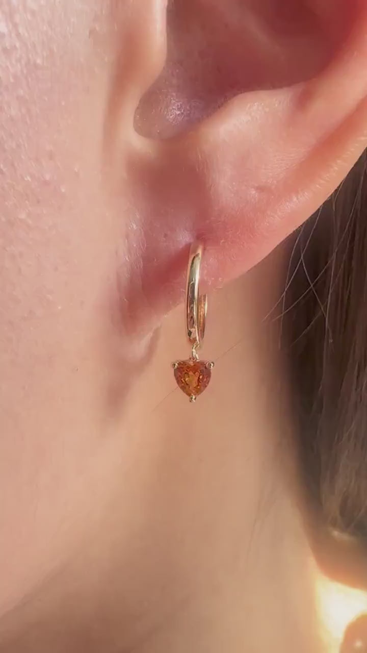 14K Solid Gold Genuine Orange Sapphire Heart Huggies/Hoops/Pair
