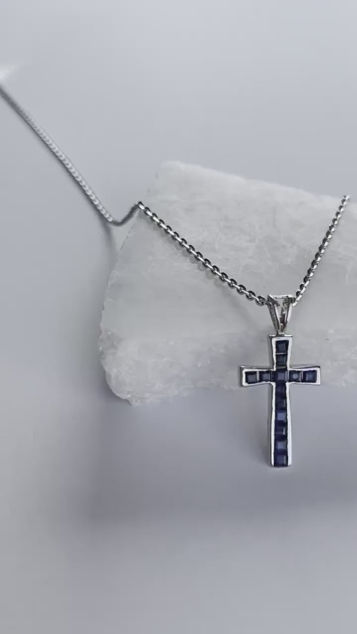 14K Solid Gold Sapphire Cross Pendant (Pendant Only)