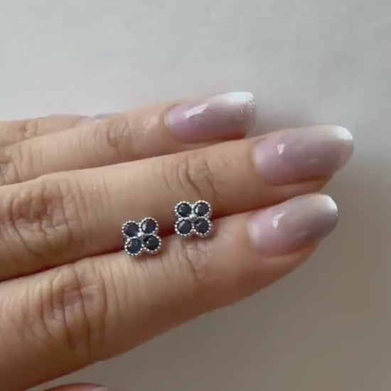Natural Sapphire Clover Stud Earrings, 14K Gold, Genuine Blue Sapphire, Four Leaf Design, September Birthstone Gift