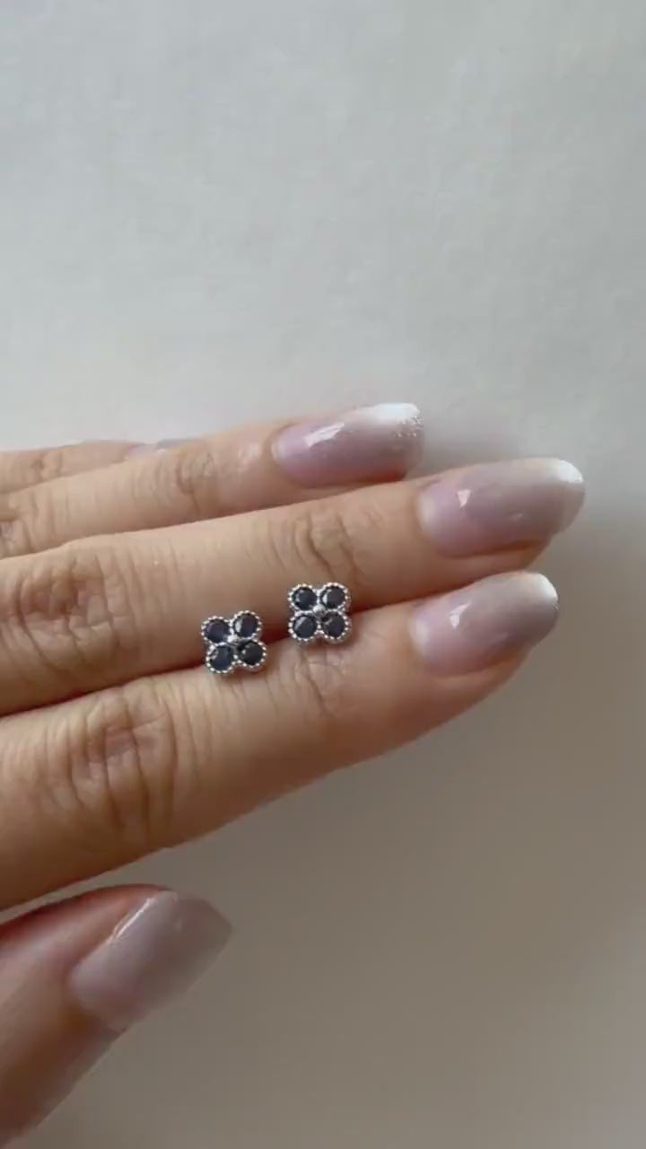 Natural Sapphire Clover Stud Earrings, 14K Gold, Genuine Blue Sapphire, Four Leaf Design, September Birthstone Gift