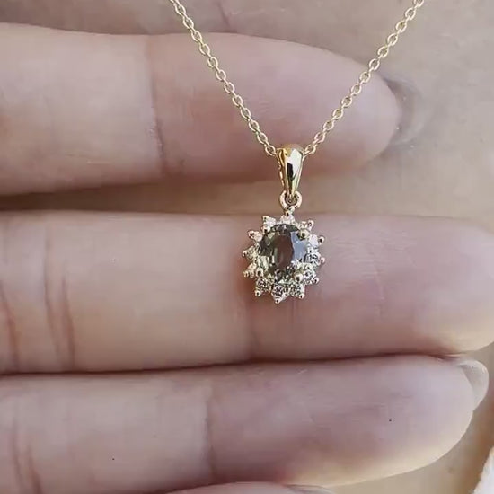 14K Solid Gold Green Sapphire and Diamond Halo Pendant