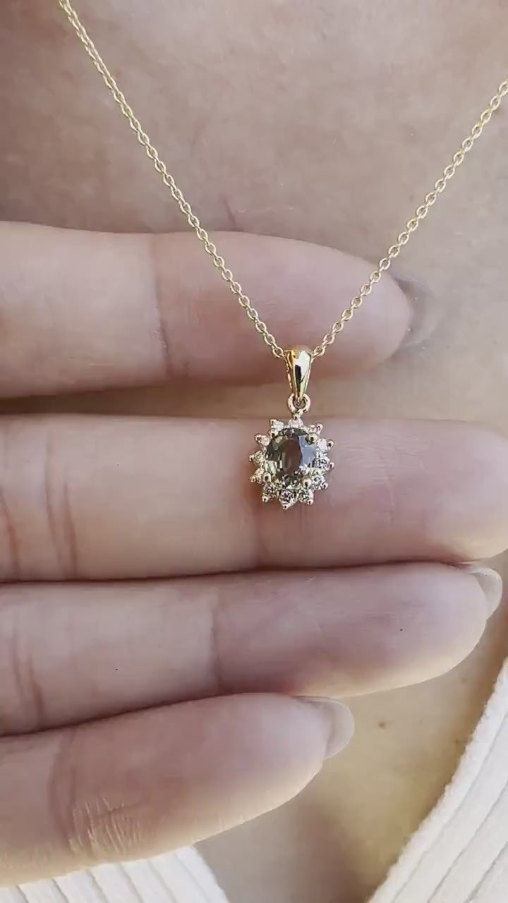 14K Solid Gold Green Sapphire and Diamond Halo Pendant