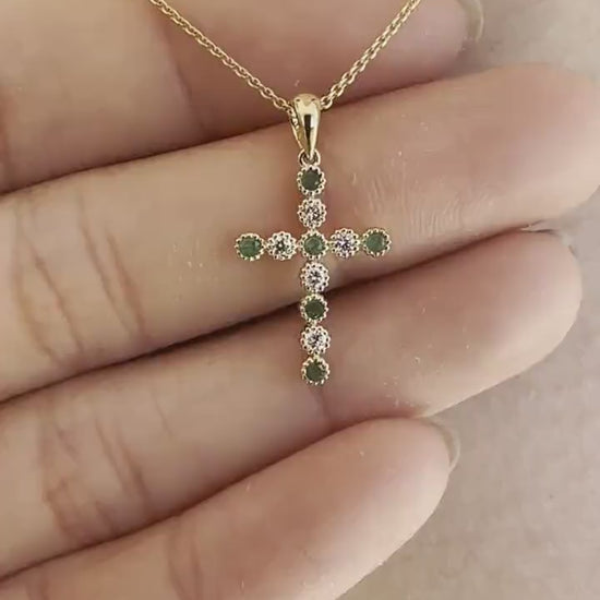 14K Solid Gold Genuine Emerald and Diamond Bezel Cross Pendant