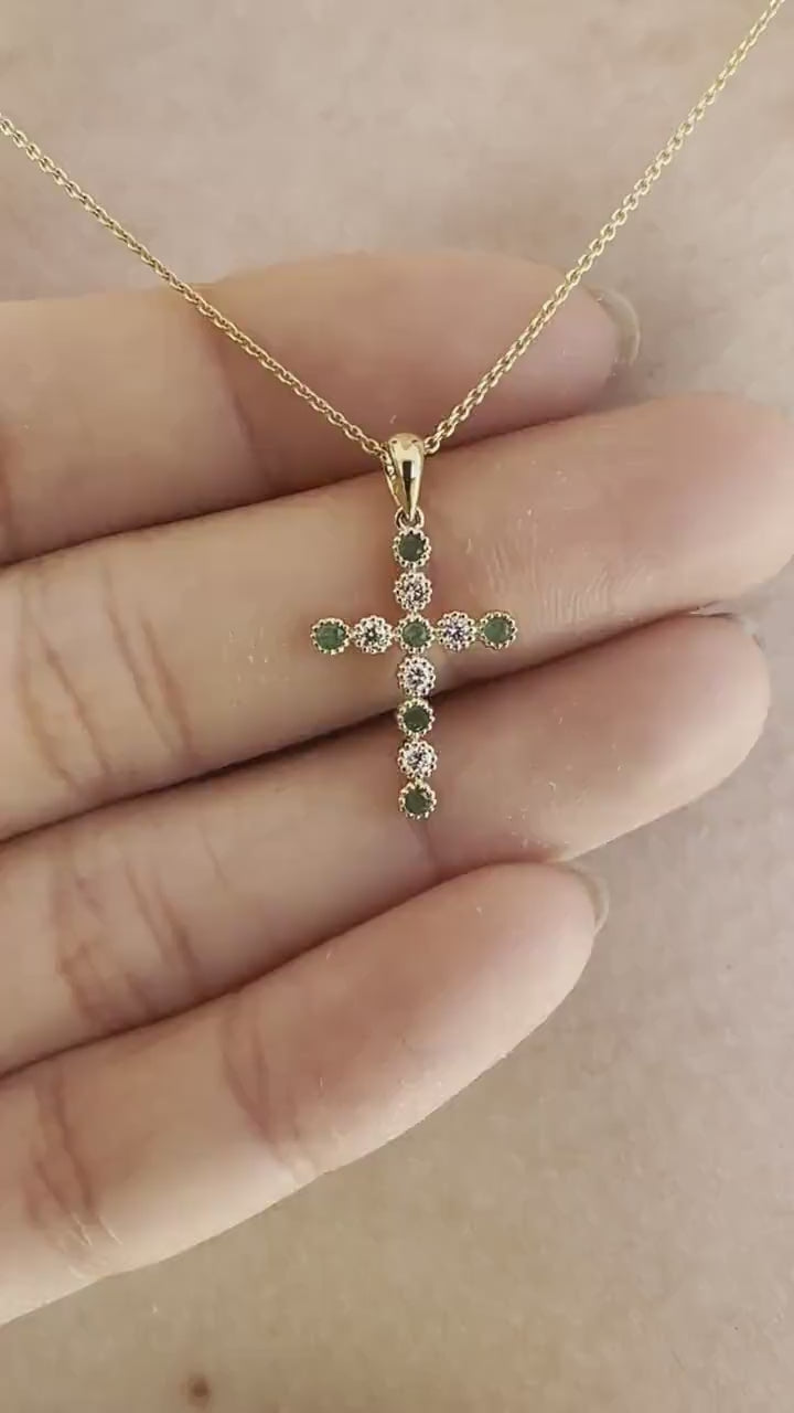 14K Solid Gold Genuine Emerald and Diamond Bezel Cross Pendant