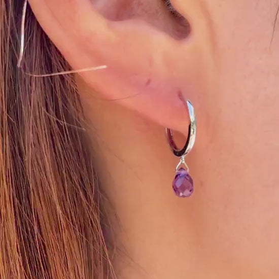 14K Solid Gold Amethyst Briolette Dangle Hoops