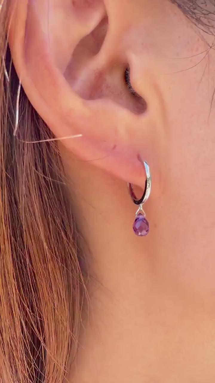14K Solid Gold Amethyst Briolette Dangle Hoops