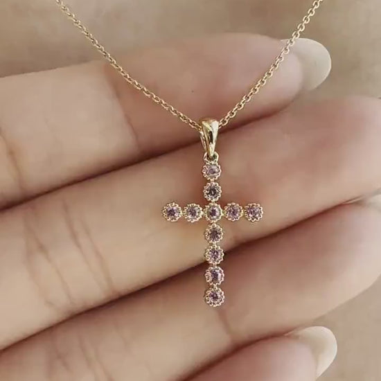 14K Solid Gold Genuine Pink Sapphire Cross Pendant
