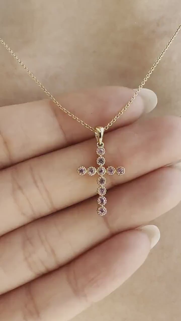 14K Solid Gold Genuine Pink Sapphire Cross Pendant