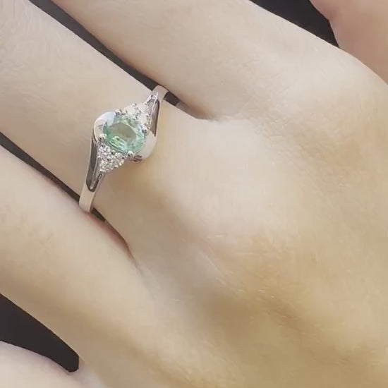 14K Solid White Gold Genuine Oval Emerald and Diamond Ring/Engagement Ring/Promise Ring