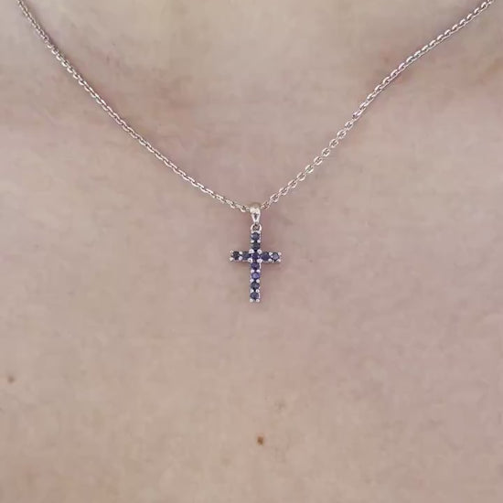 14K Solid Gold Genuine Sapphire Cross Pendant