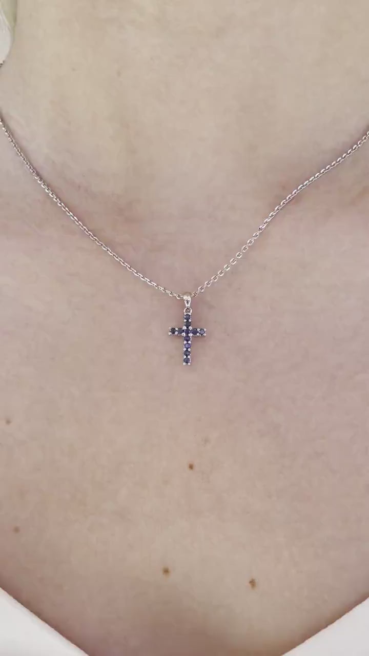 14K Solid Gold Genuine Sapphire Cross Pendant