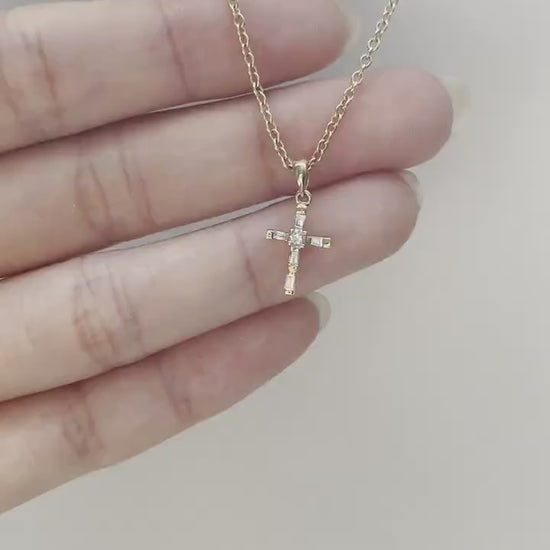 Diamond Cross Necklace, 14K Solid Gold Baguette Diamond Pendant, Genuine Diamond Gift for Her