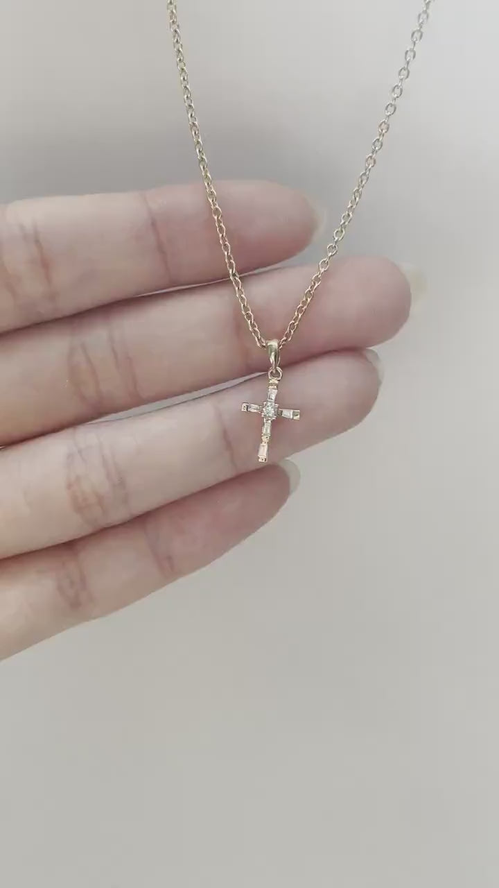 Diamond Cross Necklace, 14K Solid Gold Baguette Diamond Pendant, Genuine Diamond Gift for Her