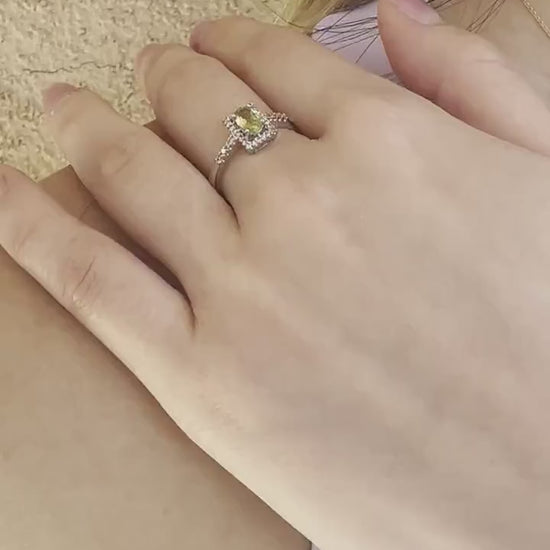 14K White Gold Peridot & Diamond Halo Ring