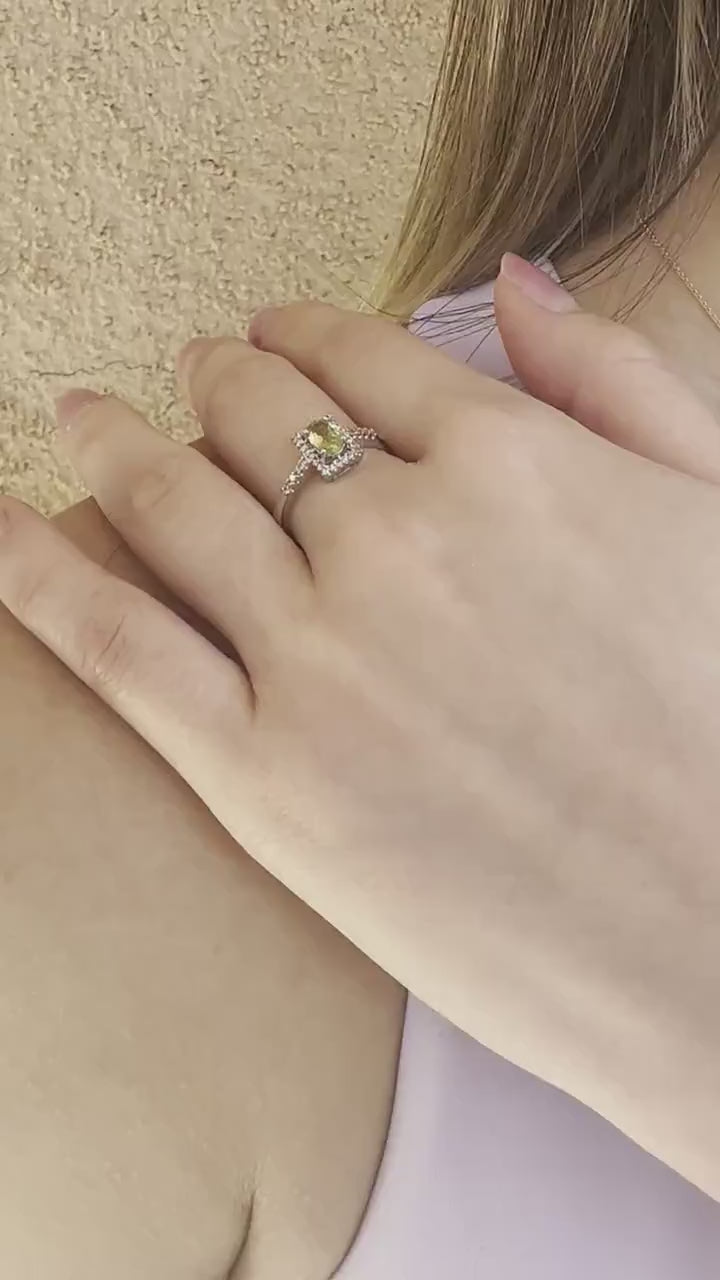 14K White Gold Peridot & Diamond Halo Ring