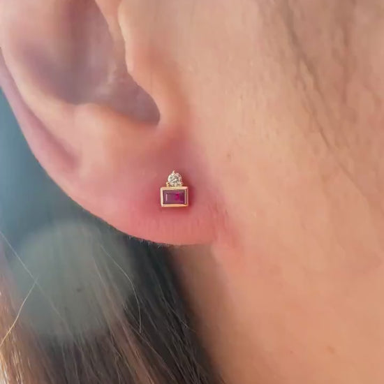 14K Solid Gold Genuine Baguette Ruby and Diamond Stacked Studs/Pair