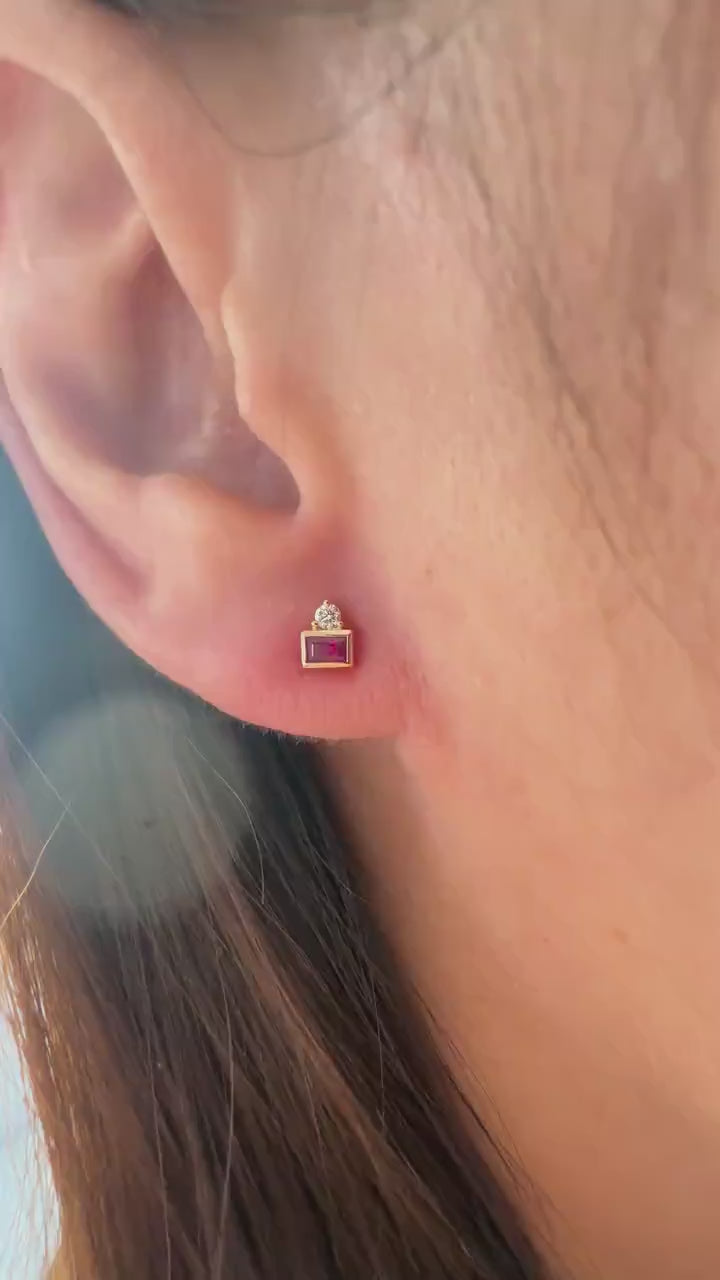 14K Solid Gold Genuine Baguette Ruby and Diamond Stacked Studs/Pair