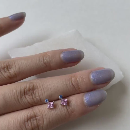 Pink Sapphire Earrings, 14K Solid Gold Ceylon Sapphire Studs, Genuine Sapphire Gift, Two Stone Earrings for Her